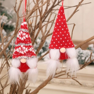Christmas Gnome Hanging Ornament Knitted Flannel Faux Fur White Beard Polka Dot Striped Hat Red Festive Holiday Decor