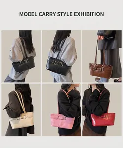 Collage de sacs baguette en cuir en cinq couleurs montrant divers styles de port à l'épaule