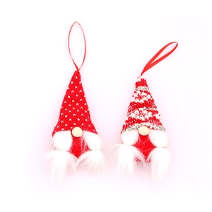 Set of two Christmas gnome hanging ornaments with knitted hats and white faux fur beards