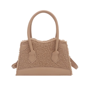 Teddy plush and leather patchwork handbag in camel brown with crossbody strap