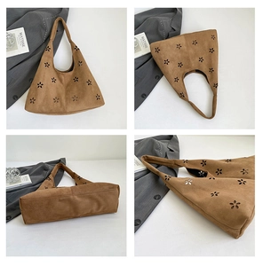 Detailed views of brown suede hobo tote bag with laser-cut floral patterns and wide handle