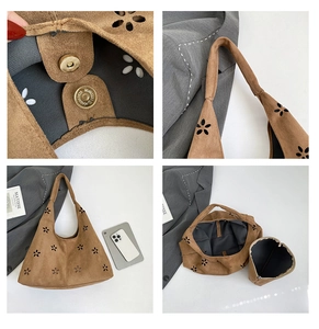 Detail of brown suede tote with laser-cut flower patterns and magnetic closure