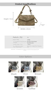 Detailed size chart and multi-color options for retro textured PU leather flap bag