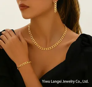 Détail d'une parure de bijoux gourmette dorée avec collier et bracelet portés par un modèle