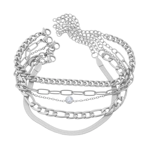 Ensemble de cinq bracelets en acier inoxydable argenté avec chaînes trombone et zircon