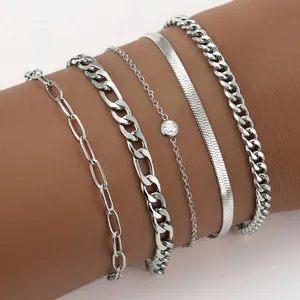 Ensemble de 5 bracelets en acier inoxydable argenté avec chaînes trombone, serpent et zircon