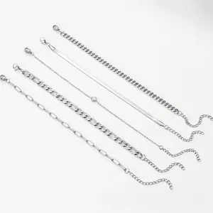 Set de 5 bracelets en acier inoxydable argenté avec chaînes serpent et pendentif zircon