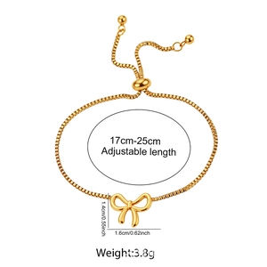 Detail of adjustable gold bow bracelet showing 17-25cm length and pendant dimensions