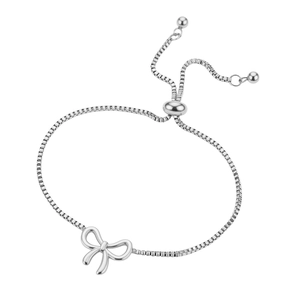 Adjustable stainless steel box chain bracelet featuring a polished bow pendant for women