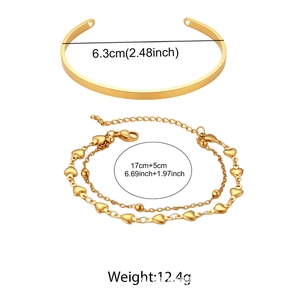 Detailed size specifications for the gold stainless steel heart bracelet and cuff set
