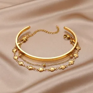 Minimalist gold stainless steel layered heart bracelet and open cuff bangle set for women