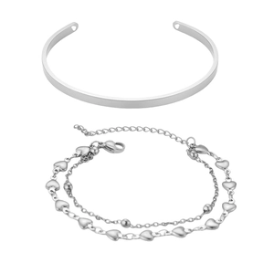 Minimalist silver stainless steel open bangle and layered heart charm bracelet jewelry set