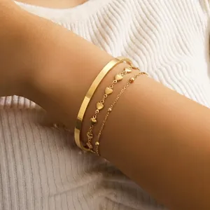 Stainless Steel Heart Bracelet And Open Bangle For Women Minimalist Layered Chain With Beads Elegant Fashion Jewelry