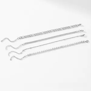 Minimalist silver stainless steel 4-piece bracelet set with snake and wheat chain designs