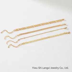 Detail view of a 4-piece gold stainless steel bracelet set with wheat and snake chains