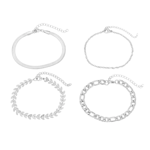 Silver stainless steel four-piece bracelet set with herringbone and wheat link chains