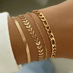 Stainless Steel Bracelet Wheat Chain Flat Snake Chain Leaf Charm Adjustable Fashion Jewelry For Women