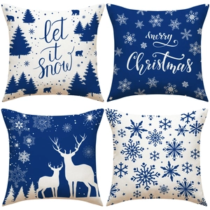 Christmas Pillow Covers Navy Blue White Snowflake Reindeer Forest Pattern Linen Texture Decorative Cushion Case Sofa Home Decor