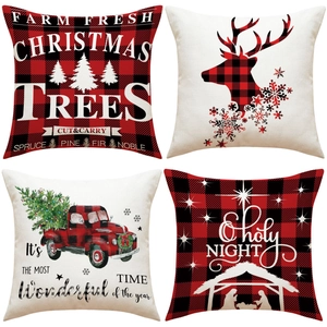 Housses De Coussin De Noël Buffalo Plaid Renne Camion Rouge Décoratives En Lin Pour Décoration De Canapé Maison