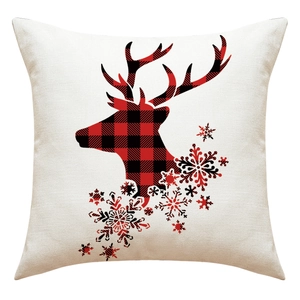 Housse de coussin de Noël carrée avec élan à carreaux rouges et flocons de neige