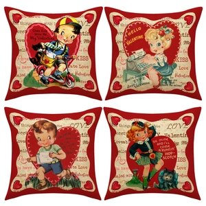 Vintage Valentine's Day Square Throw Pillowcase Linen Blend Heart Character Print Cushion Cover For Home Living Room Decor