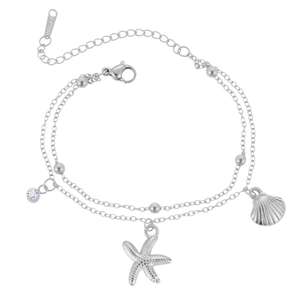 Double-layer stainless steel starfish and seashell bracelet with cubic zirconia charms