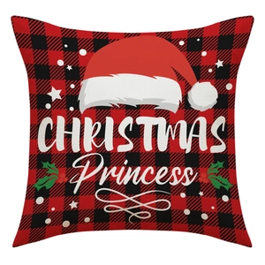 Christmas Princess buffalo plaid square pillow cover with red santa hat and snowflakes