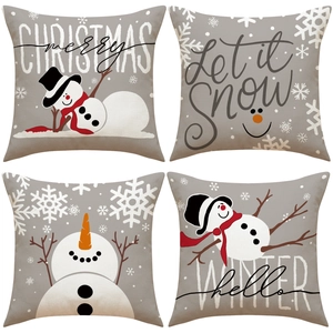 Funda de Almohada Decorativa de Navidad con Muñeco de Nieve y Copo de Nieve Poliéster Efecto Lino Funda de Cojín Cuadrada para Sofá Sala de Estar Decoración