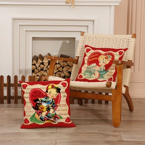 European vintage Valentine's linen pillows with cartoon prints and red wavy edges