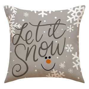 Detalle de textura de lino de la funda de cojín gris con diseño de muñeco de nieve