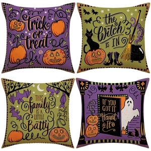 Federe Per Cuscini Halloween Lino Zucca Fantasma Gatto Nero Stampa Lettere Decorazione Casa Divano Festa
