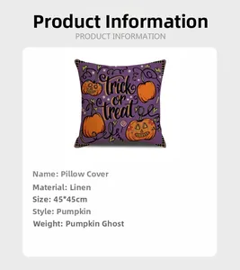 Dettaglio federa Halloween 45x45cm in lino con zucca viola e scritta Trick or Treat
