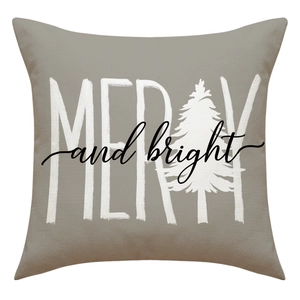 Dettaglio della trama in lino con stampa Merry and Bright su fodera per cuscino Natale