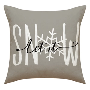 Dettaglio della federa in lino con scritta Let It Snow e stampa di un fiocco di neve