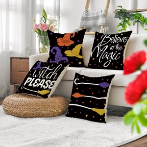 Lot de 4 housses de coussin décoratives d'Halloween avec motifs de sorcières