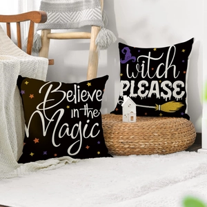 Housses de coussin Halloween avec chapeau de sorcière et texte magique sur lin noir