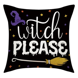 Housse de coussin Halloween Witch Please avec chapeau violet et balai sur lin noir