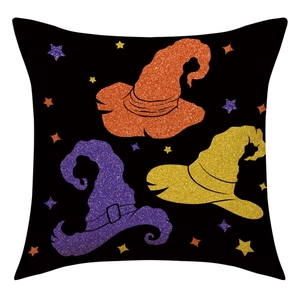Housse de coussin Halloween en lin noir avec chapeaux de sorcière scintillants et étoiles