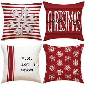 Christmas Snowflake Letter Print Cushion Cover Red White Stripe Holiday Decorative Pillowcase For Home Sofa Polyester Linen Pillow Case