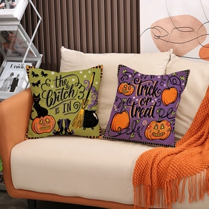 Federe per cuscini di Halloween in lino con zucca e gatto nero per divano di casa
