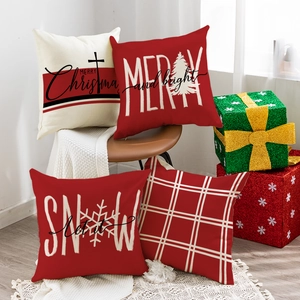 Set di 4 federe natalizie in lino con slogan festivi e motivi a fiocchi di neve