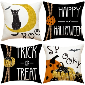 Halloween Decorative Throw Pillowcase Linen Look Polyester Cushion Cover Pumpkin Black Cat Bat Print For Sofa Living Room Decor