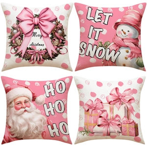 Taie D'Oreiller De Noël Rose Housse De Coussin Imitation Lin Père Noël Bonhomme De Neige Couronne Décoration Maison Fête