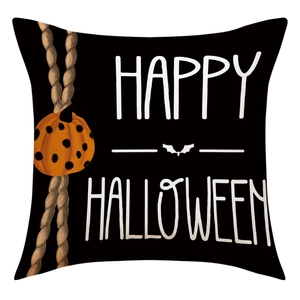 Halloween decorative linen pillowcase with black base, orange pumpkin, and festive text