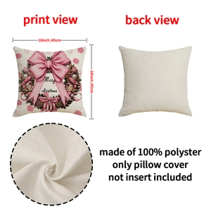 Housse de coussin Noël aspect lin avec couronne à nœud rose et texte Merry Christmas