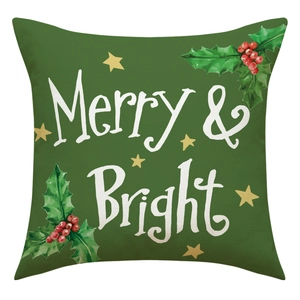 Detail der Merry & Bright Schrift auf dunkelgrünem Leinen-Weihnachtskissenbezug