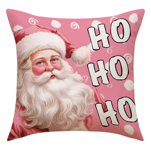 Détail de la taie d'oreiller de Noël en lin rose avec Santa et inscription HO HO HO