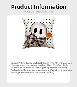 Detail of Halloween linen pillowcase with ghost print and 45x45cm size specifications