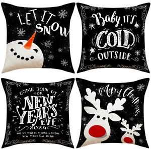 Housse de Coussin de Noël en Lin Polyester Imprimé Bonhomme de Neige Renne Taie d'Oreiller Décorative pour Canapé Maison