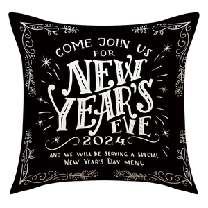 Détail de la housse de coussin noire Nouvel An 2024 avec texte blanc décoratif